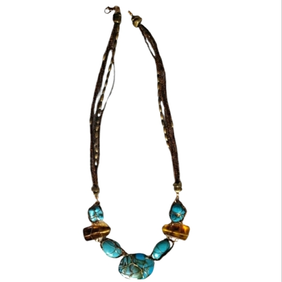Antique Beautiful Turquoise & Brown Stone Wrapped Gold Tone Wires & Beaded - Picture 3 of 14